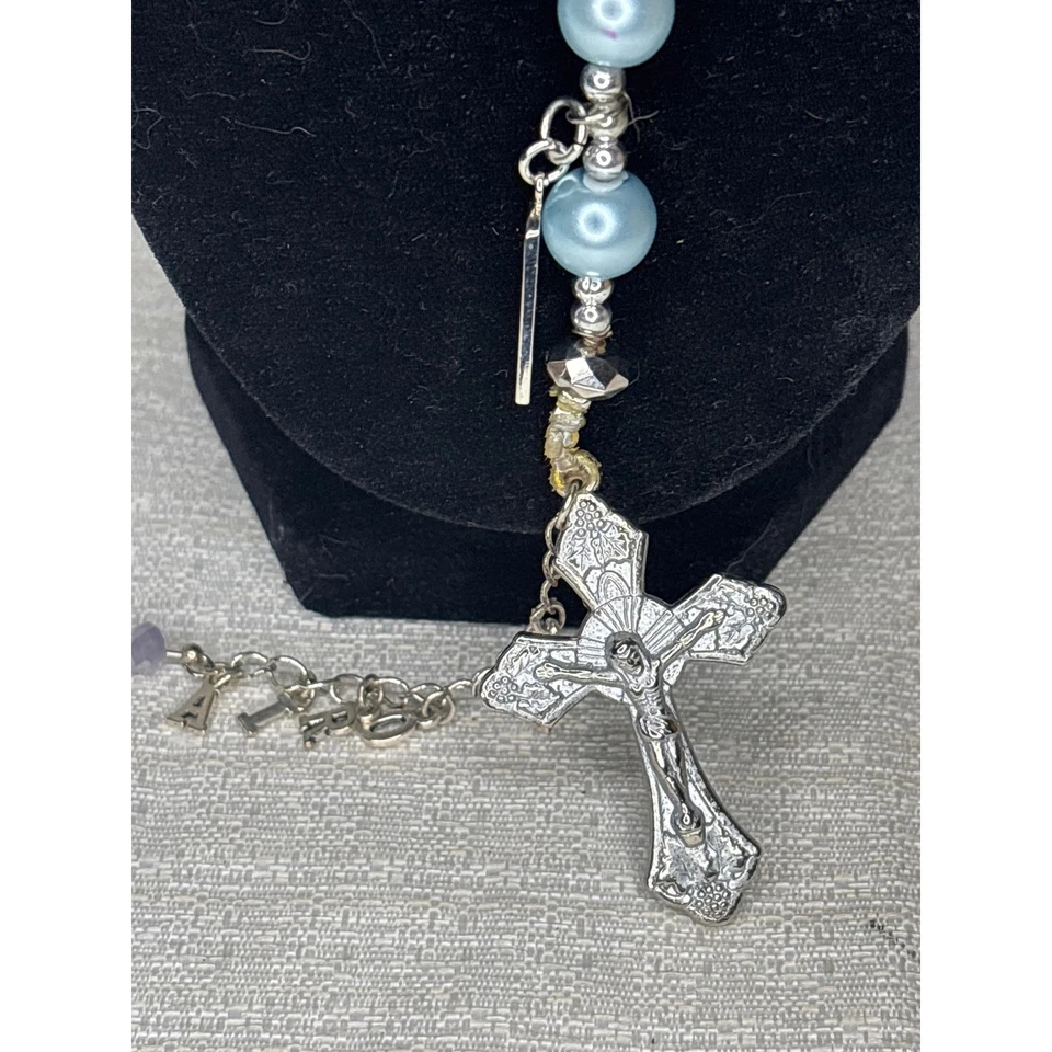 Collar Rosario Religioso Perla Azul Dije Acentos Madre Oración Corona Cruz Ángel Foto 2 de 4