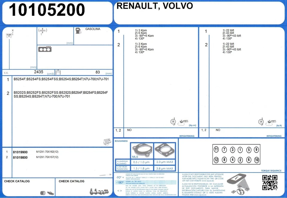 Juego completo de juntas de reconstrucción de motor VOLVO 850 10V 2.4 140/144 B5252FS (1993-/1996) Foto 2 de 2