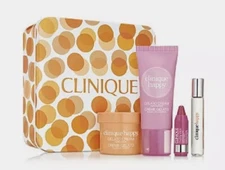 NEW CLINIQUE Happy Treats 4pc Travel Set Perfume Spray, Body/Hand Cream, Lip $38