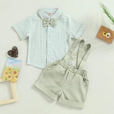 NEW Boys Plaid Button Shirt, Bow Tie  Suspender Shorts Outfit Set Easter