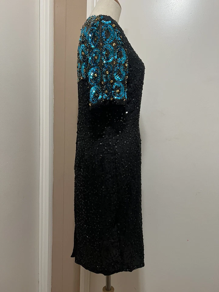 VINTAGE STENAY WOMEN'S BLACK BLUE SHORT SLEEVE SILK SEQUINS SHEATH DRESS 6 - Image 4 of 4