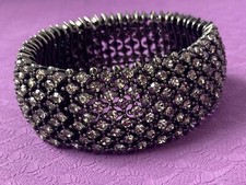 Multi Row Crystal Rhinestone Statement Black Metal Bracelet 1 Wide Stretch