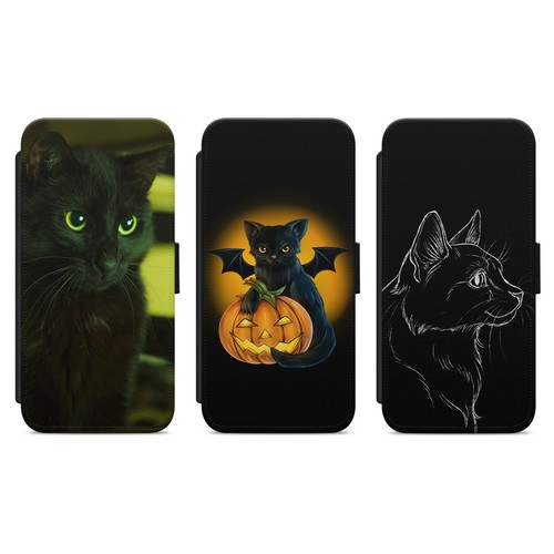 SCHWARZ CAT HALLOWEEN GELDBÖRSE FLIP HANDY HÜLLE FÜR IPHONE SAMSUNG HUAWEI - Bild 1 von 6