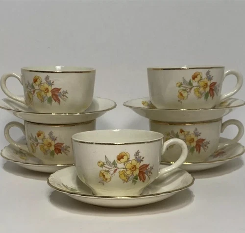 Set of 5 VTG Homer Laughlin Susan Coffee Tea Cups & Saucers Flowers MCM 10 pc