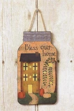 Mason Jar Shaped Wood Sign Jute Hanger Bless Our Home Saltbox House Primitive