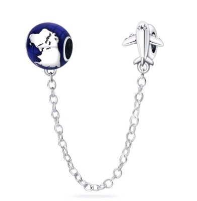 Silber S925 blaue Kugel & Flugzeug Sicherheitskette Weihnachtsgeschenk Bettelarmband