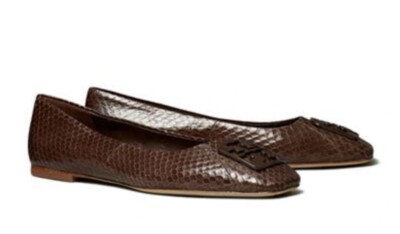 TORY BURCH Georgia Square-toe Shiny Snake Ballet Flats In Chocolate Sz  $298