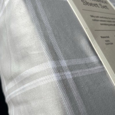Threshold 400 TC Cotton Sateen 4 Pc. Sheet Set-FULL Gray Plaid Smooth Silky NEW
