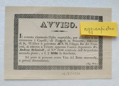 TRIESTE NOTICE 19 MAY 1837 typography Weis RARE ADVERTISING of the time