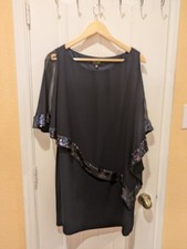 Xscape Black Cocktail Dress Sheer Overlay Sequin Trim Flattering Style Size 16