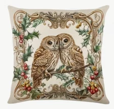 Owls Nature Fall Christmas Berries Holiday Linen Throw Pillow Cover Home Decor
