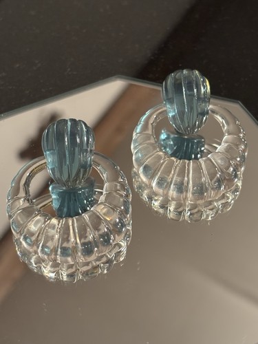 Vintage Lucite Doorknocker Post Earrings Clear & Aquamarine