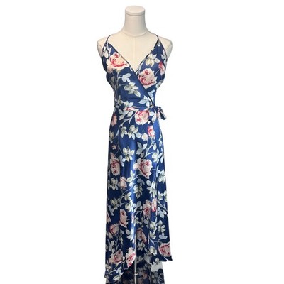 Satin Maxi Wrap Dress Blue Floral Faux Wrap Cottagecore Resortwear Beach L XXL