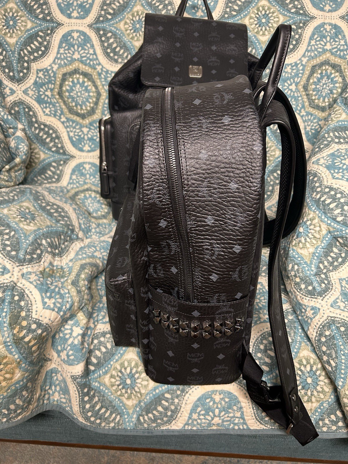 MCM Black Logo Backpack Adjustable Strap Outer Po… - image 3