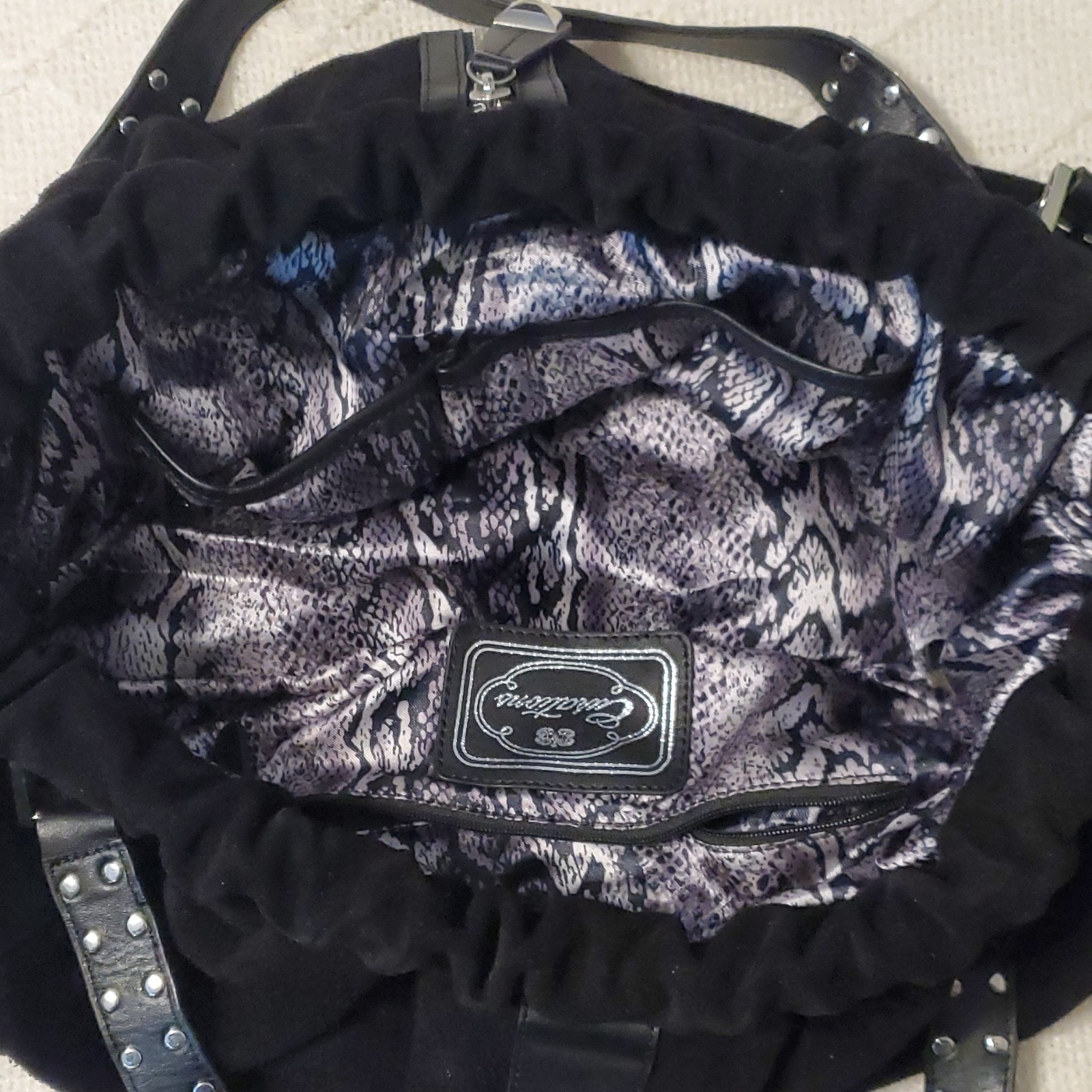 Unique Black Suede Studded Drawstring Shoulder Ba… - image 4