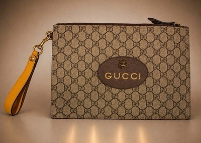 NEW Gucci GG Monogram clutch with wristlet- gold metal cat head accent