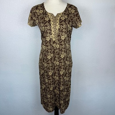 Boho Brown Beige Floral Pattern Short Sleeve Silky V Neck Midi Slip Dress Women