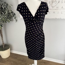 Lauren Ralph Lauren Dress Womens 8P Black Polka Dot Wrap Ruched Babydoll Preppy