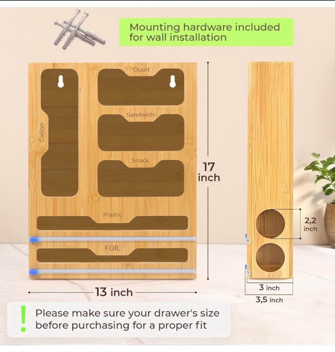 Ziplock Bag Organizer together with Foil and Plastic Wrap Dispenser with Cutter