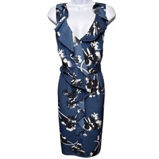 TAHARI Womens Blue Floral Ruffle Sleeveless Sheath Dress 12 Cocktail Feminine