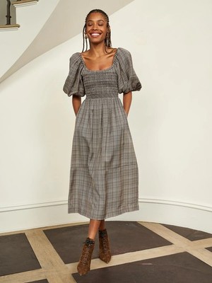 La Ligne NY Brown Plaid Daisy Dress Medium M Midi Maxi Pockets Autumn $350