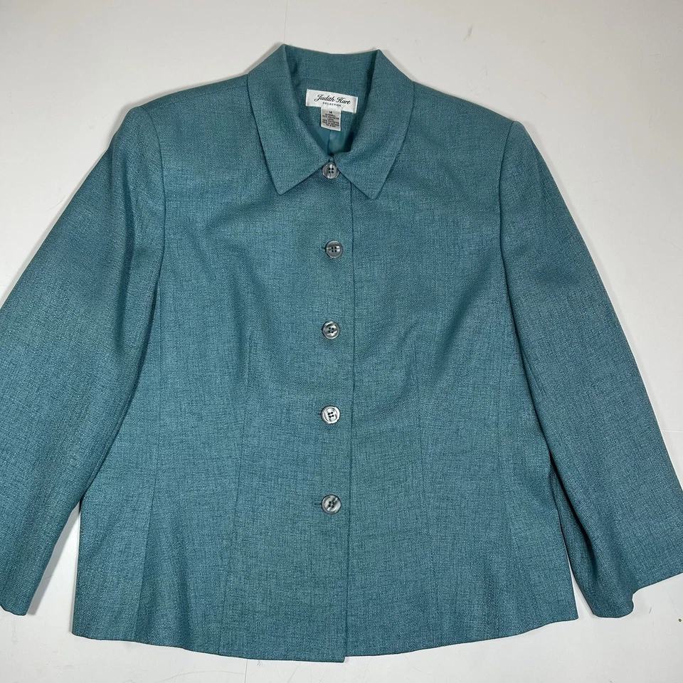 Judith Hart Collection 2 peças jaqueta e calça terno verde-azulado forrado manga 3/4 tamanho 14 - Imagem 2 de 4