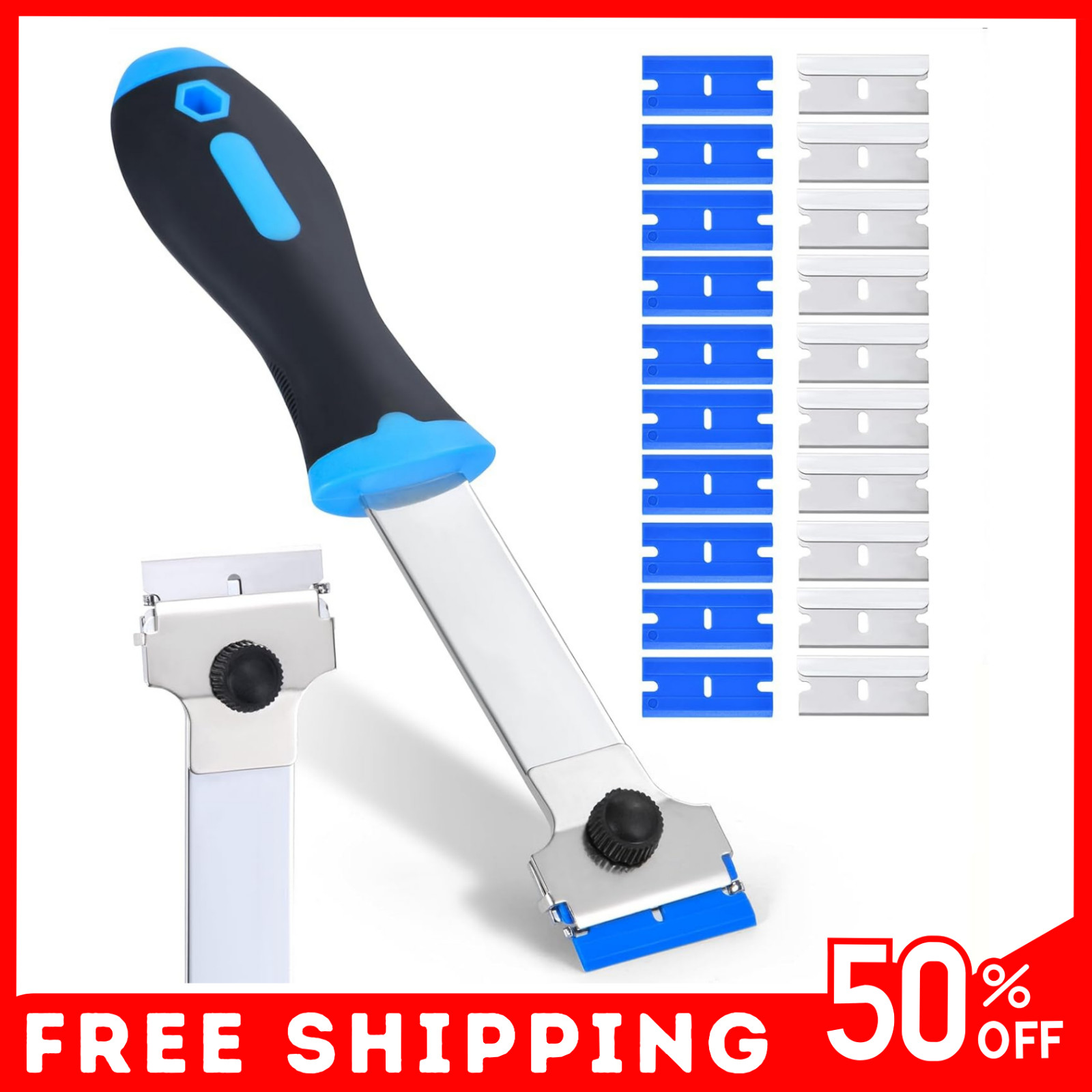 Blade Scraper Tool with 10 Metal & 10 Plastic Replacement Blades, Long Handle US