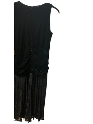 Maison Tara velvet long A-line dress, ruched, sleeveless, black silver, size 12