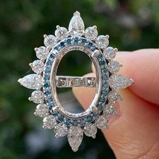 Oval Shape Semi Mount Ring Simulated Diamond Starburst Halo Ring Silver Jewelry