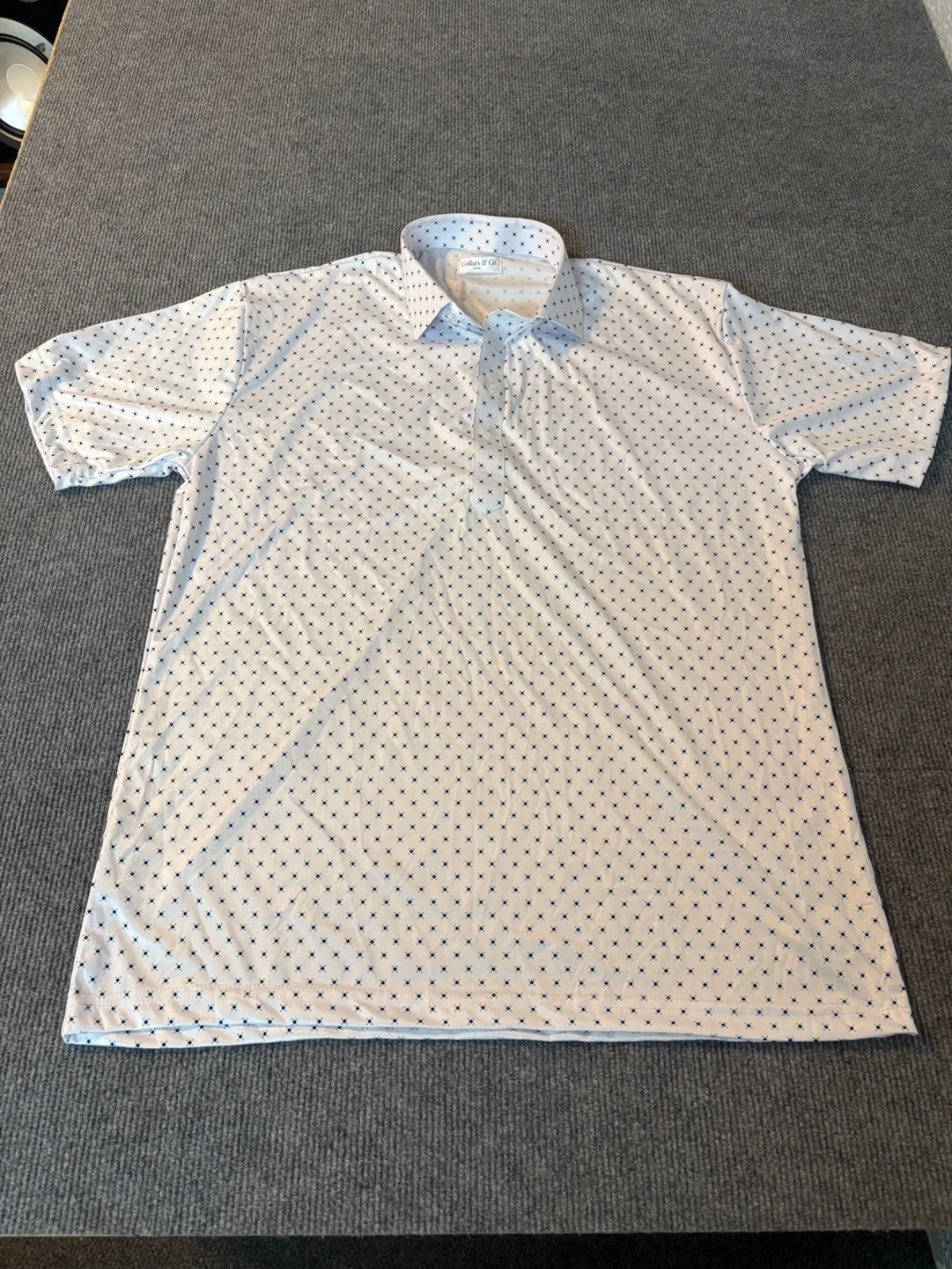 Collars & Co Mens Dress Collar Polo Size Large White w/Blue Geometrics