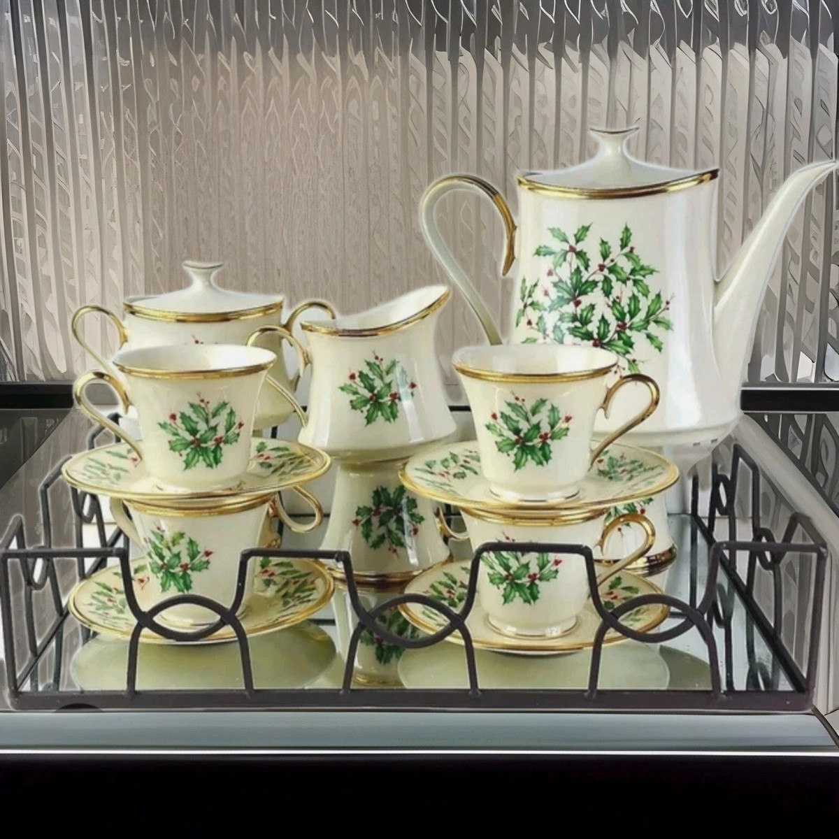 Lenox Holiday Dimension Tea/Coffee Pot Creamer & Sugar Bowl Cup