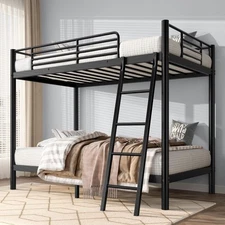Twin Over Twin Metal Loft Bunk Bed with Ladder and Guardrail Heavy Duty Frame