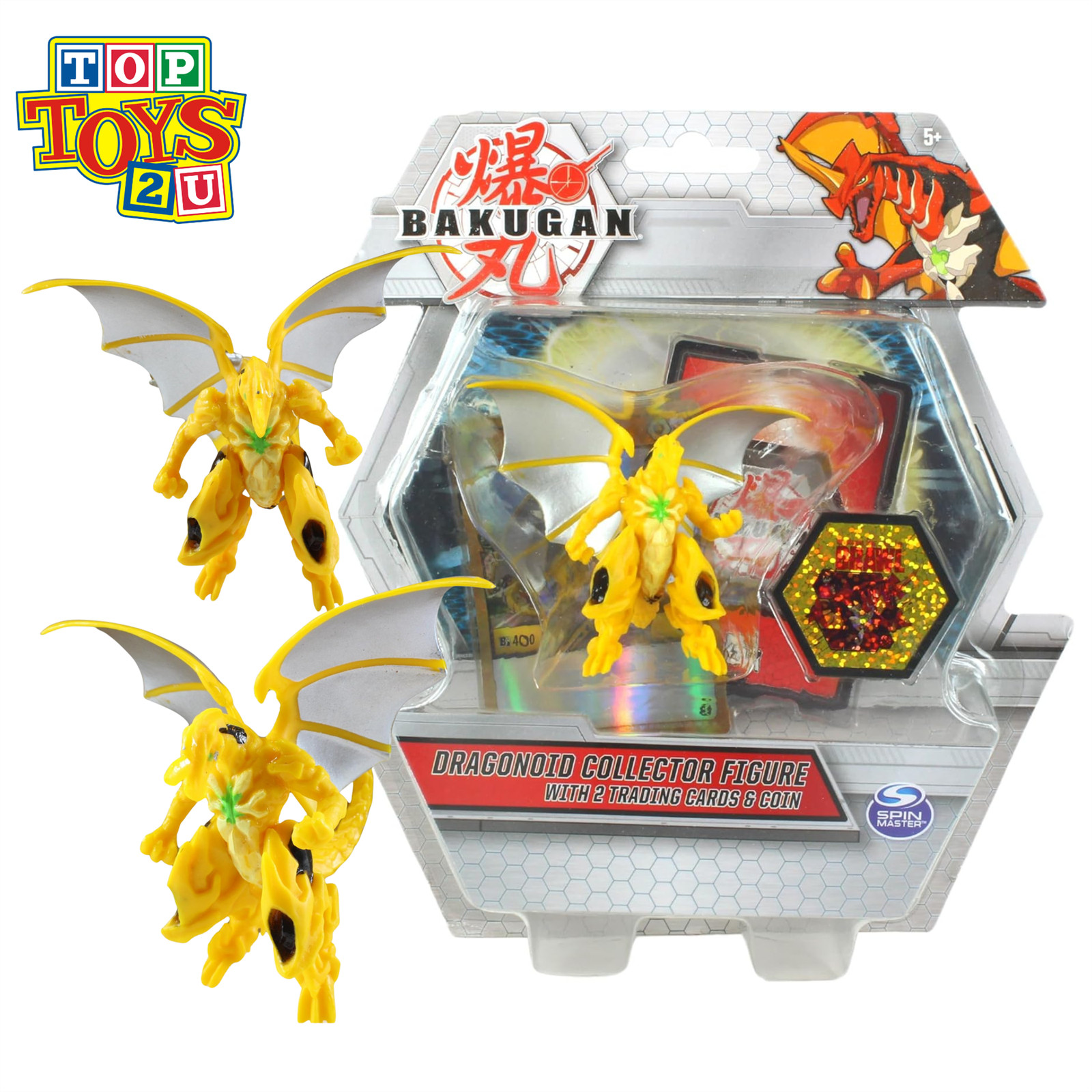 BAKUGAN - Dragonoid Yellow Figure With 2 Trading Cards & Collectors Coin