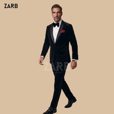 Mens Black Velvet 2 Piece Tuxedo Suit Shawl Lapel Wedding Groom Custom Tailored
