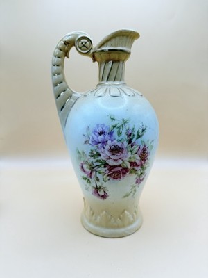 Antique Austrian Porcelain Floral Ewer Pitcher - Art Nouveau Gold Accents 9''