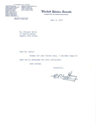 Hubert Humphrey U. S. Senator Congress 1963 Autograph Signed Letter