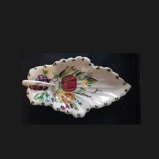 Blue Ridge Pottery Leaf Plate Hand Painted 1950's with Handle Multicolor Fruits