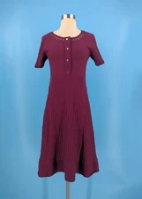 Tory Burch Medium Ashlyn Knit Henley Sweater Dress Maroon Short Sleeve Sheath