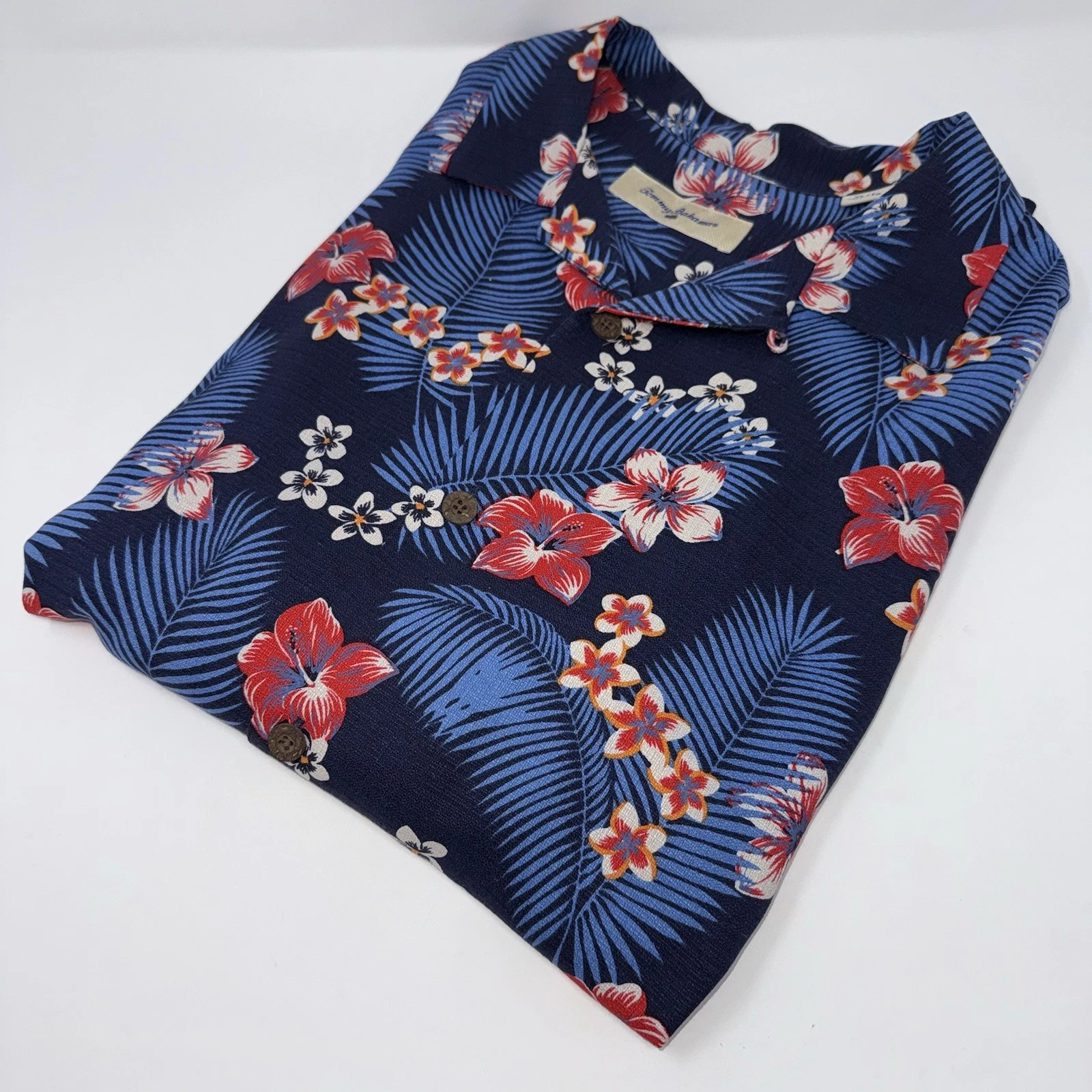 Tommy Bahama Men XL Blue Hawaiian Tropical Camp Shirt 100% Silk Floral Hibiscus
