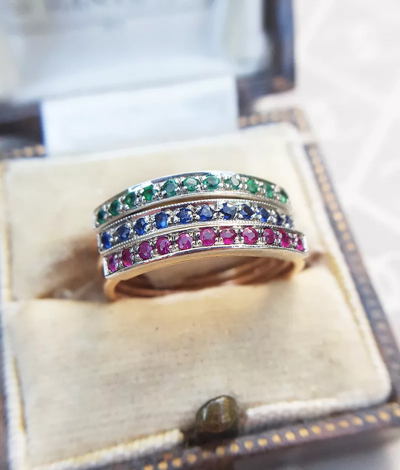 9ct Rose Gold Half Eternity Stack Ring Ruby Emerald or Sapphire