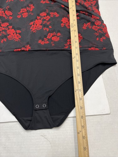 Tahari Bodysuit Women XL Black Red Mesh Floral Roses Surplice Witchy Whisigoth - Picture 8 of 10
