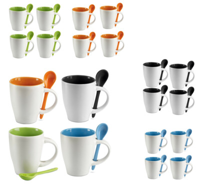 4er Set 250ml Bicolor Keramik Kaffeetassen Becher Farblich Passender Löffel.IND Verpackt