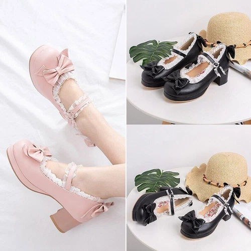 Sweet Bowknot Lace Bridal Girls Wedding Shoes Women High Heel Pink Plus Size - Bild 4 von 40