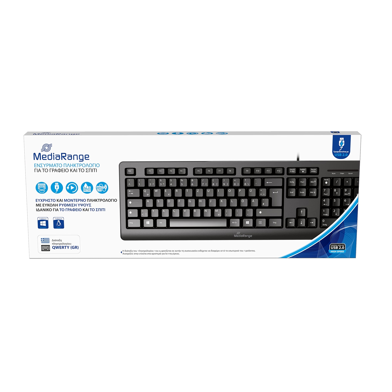 Wired Keyboard with 105 Keys, QWERTY (GR) Layout, PC Keyboard with Plug & Play U