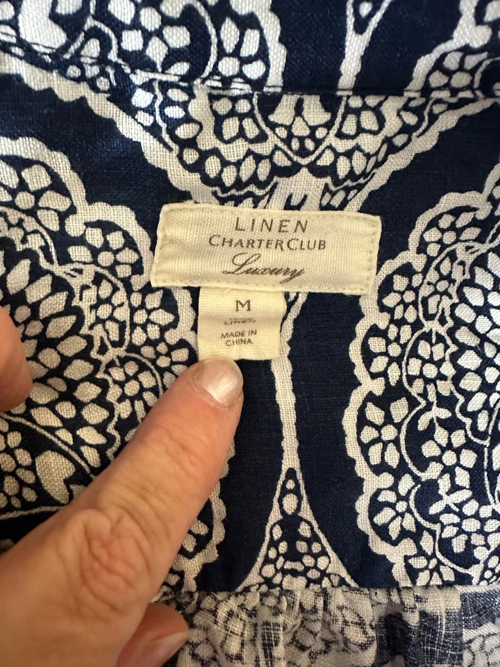 CHARTER CLUB Azul Marino Floral Medallón LINO Camisa Manga Larga Mujer M Foto 2 de 2