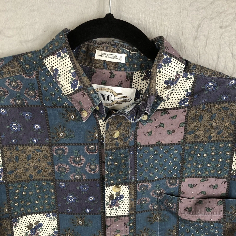 Vintage International Concept Shirt Men M Blue Purple Patchwork Print Fade Retro - Image 2 of 4