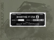 plate plaque plaquette FT250 A2  SUPPORT RADIO BC620 659 jeep willys gi us ww2 