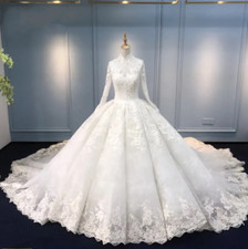 Princess Lace Ball Gown Wedding Dresses with Long Sleeves High Neck Bridal Gowns