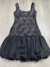 Sue Wong Dress Black White 4 Cocktail Bubble Hem Silk Soutache Lace Floral
