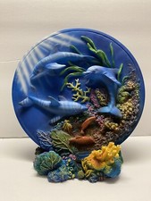 DOLPHINS Sculptured Plate 3 Dolphins Swimming in the Ocean w/stand 3D Home Decor